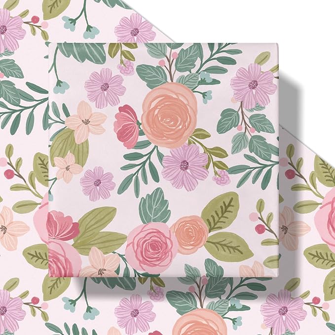 RUSPEPA Floral Wrapping Paper Roll for Women Girls, Mini Roll, Watercolor Pink Rose Gift Wrap, Flower and Foliage Paper for Wedding, Birthday, Mother's Day, Spring, Bridal Shower, 17 Inch X 16.4 Feet