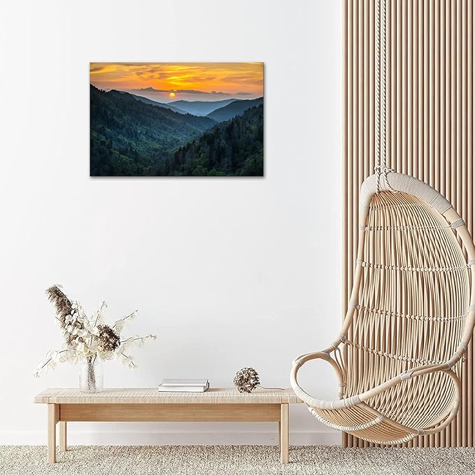 Forest Sunrise Wall Art Decor Great Smoky Mountains Photo Prints National Park Landscape Canvas Painting Artwork Framed for Bedroom Living Room (24x36 inch)