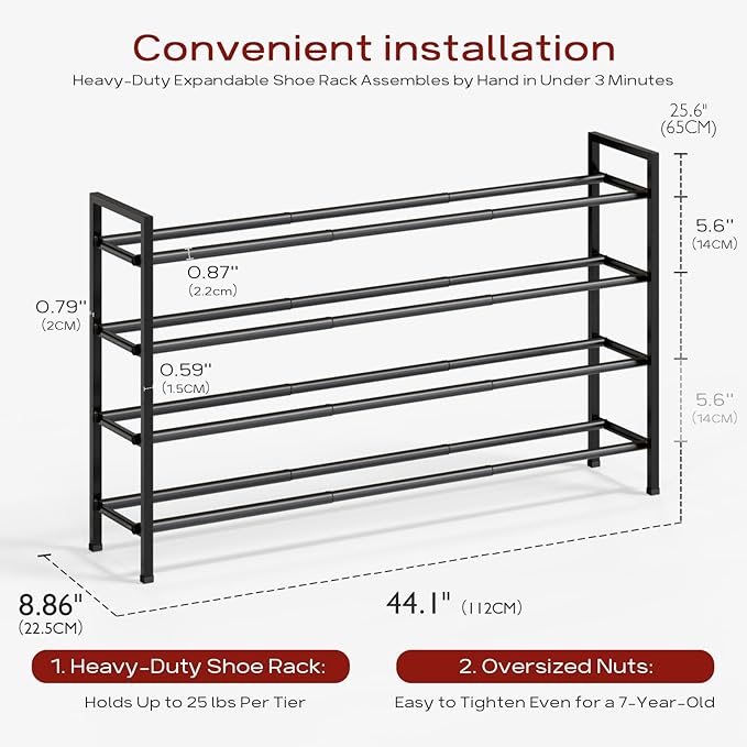 Bumusty 4-Tier Long Expandable Shoe Rack for Closet, 18"-44" Adjustable Shoe Rack for Entryway, 20-24 Pairs Large Shoe Organizer Shelf Storage, Sturdy Metal, Black