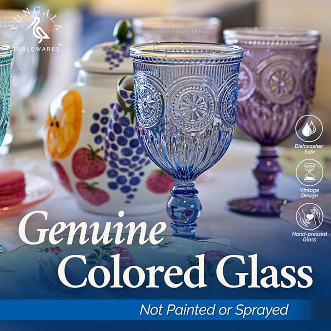 Yungala Blue Wine Glasses - Set of 6 Glass Goblets, 10oz - Dishwasher-Safe Handcrafted Stemmed Blue Vintage Glassware vintage wine glasses or water goblets or for those who love blue drinking glasses