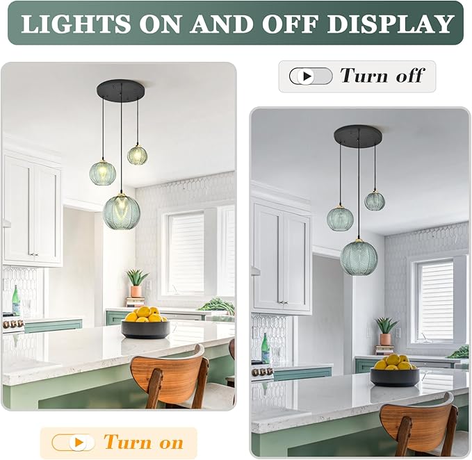 KCO Lighting Vintage Green Glass Chandelier 3 Light Pendant Light Fixtures Farmhouse Striped Glass Pendant Light Gold and Black Hanging Lights Multi Light Cluster Pendant Lighting
