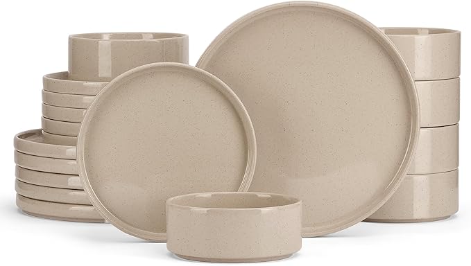 E-far Dinnerware Sets for 6, 18-Piece Stoneware Plates and Bowls Dish Set, Modern Kitchen Dinning Dishware, Chip and Scratch Resistant, Microwave & Dishwasher Safe, Speckled Khaki