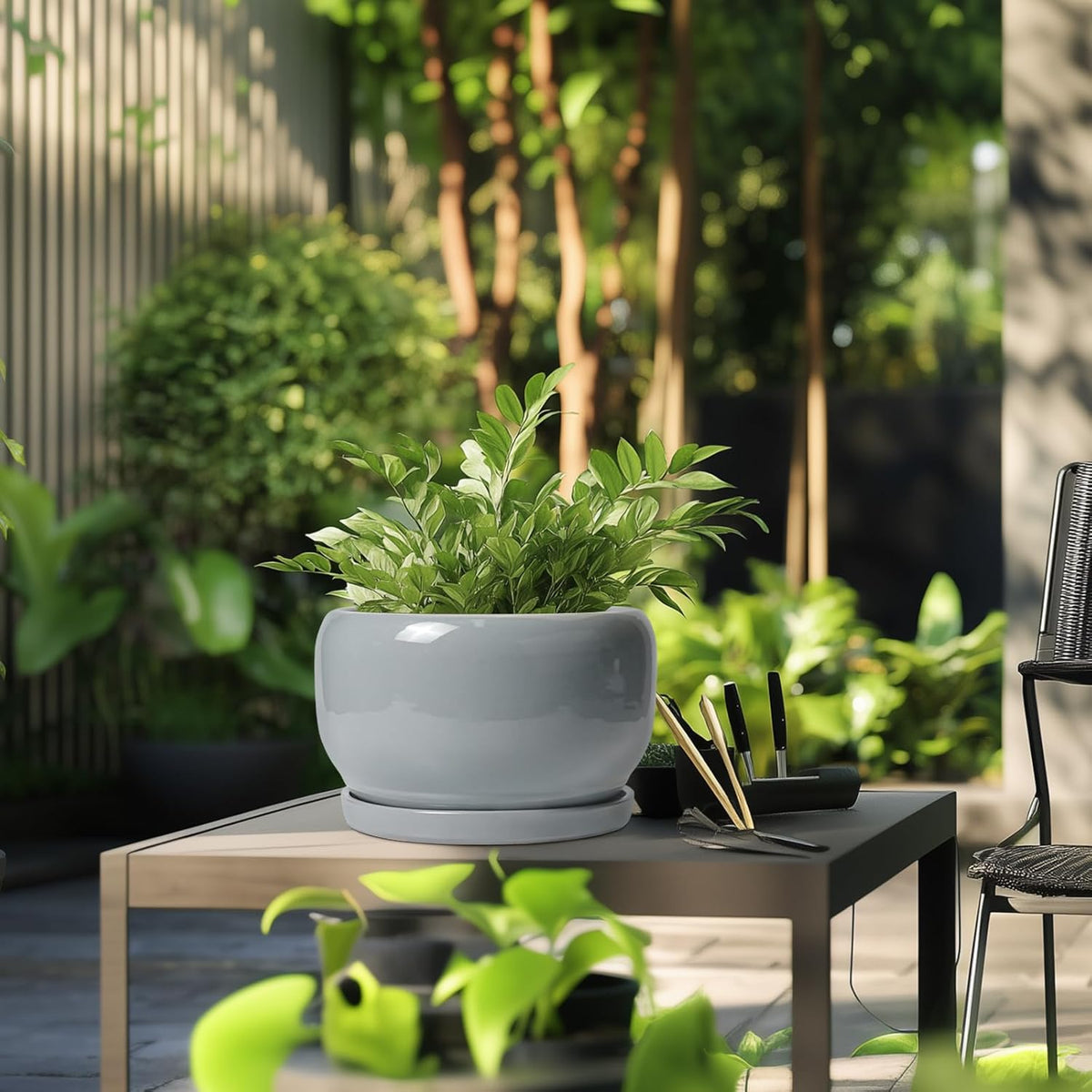 SQOWL 10 Inch Plant Pot - Ceramic Planter for Indoor Plants, Round Ceramic Flower Pot with Drainage Hole and Saucer, Modern Large Outdoor Planter, Room Decor, Housewarming Gifts, Gray