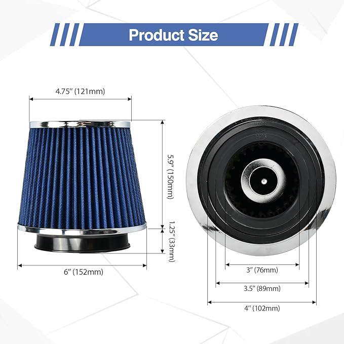 Universal Clamp On Air Intake Filter fits 3 In /3.5 In /4 In Three Different Size, Cone Air Intake Filter（Blue）