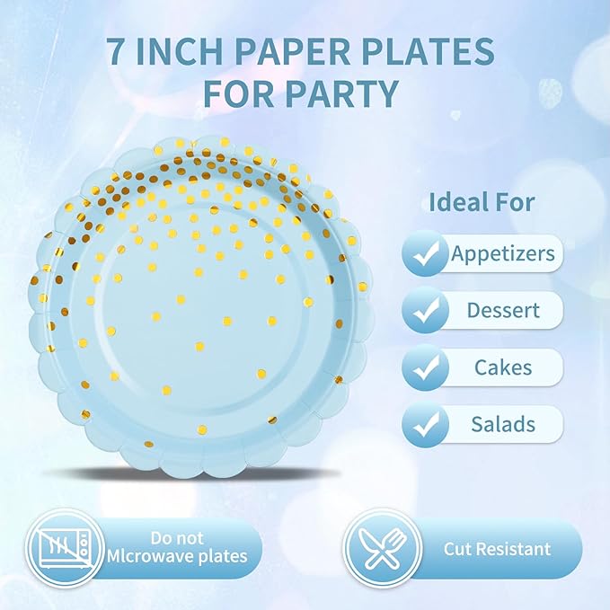 Light Blue Paper Plates and Napkins Party Supplies, Disposable Gold Dot Dessert Plates and Scalloped Napkins for Blue Party Decorations, Serves 35 Guests