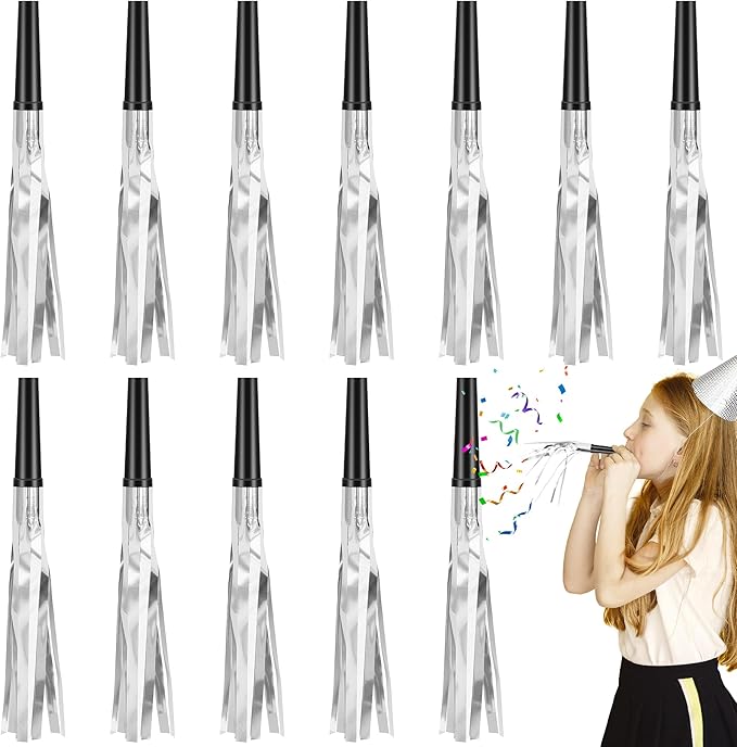 12 Pcs Glitter Noise Makers Metallic Fringed Party Blower for Adults Birthday Graduation New Years Party Favors Supplies (Silver)