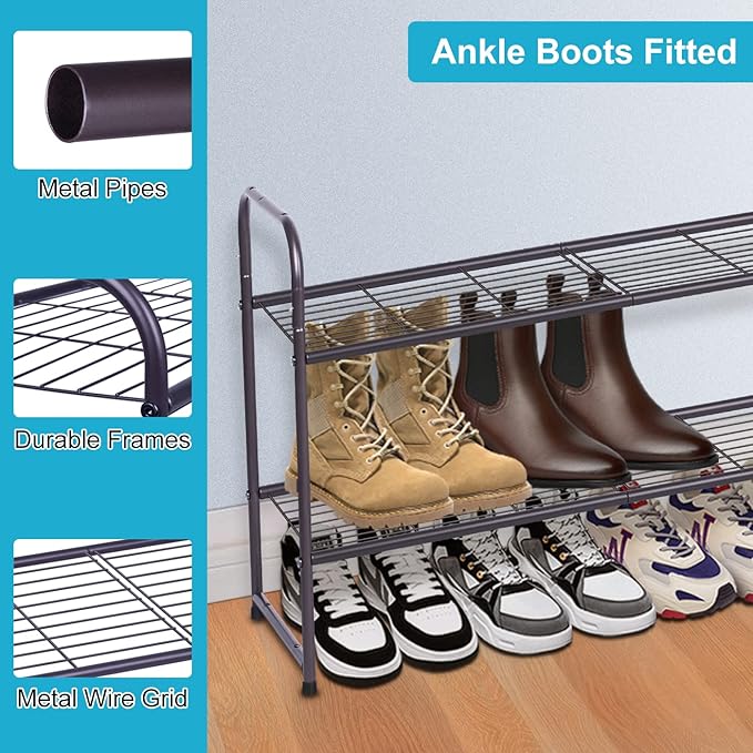 KEETDY 2-Tier Long Shoe Rack for Closet Entryway Shoe Organizer for 18 Pairs Sneakers, Metal Stackable Shoe Storage Shelf with Wire Grid for Bedroom, Floor, Bronze