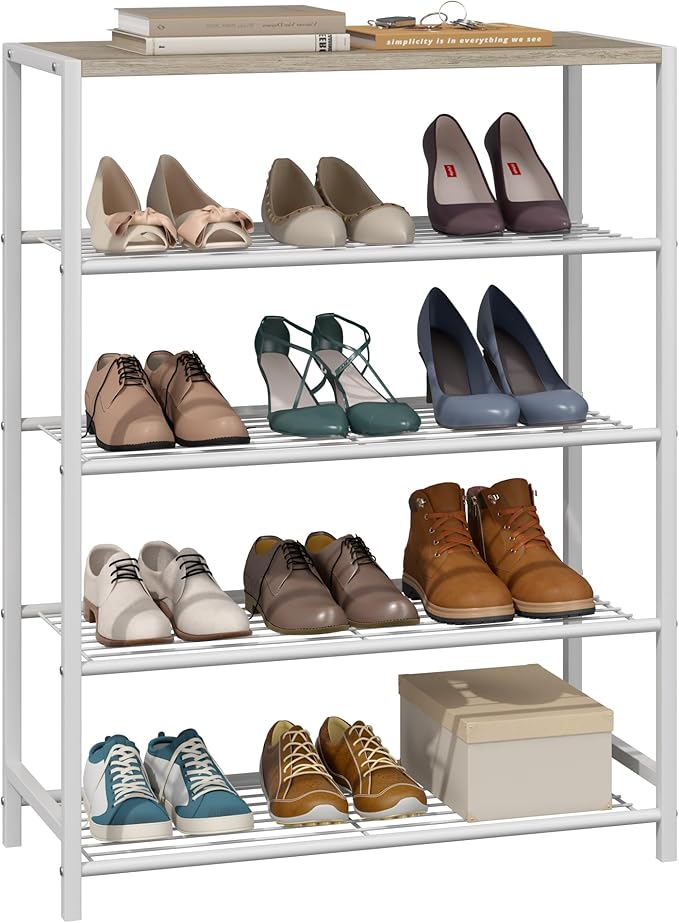 Yusong Shoe Rack Organizer, 5 Tier Industrial Shoe Storage Shelf, Narrow Sturdy Metal Shoe Shelves for Closet Entryway, White