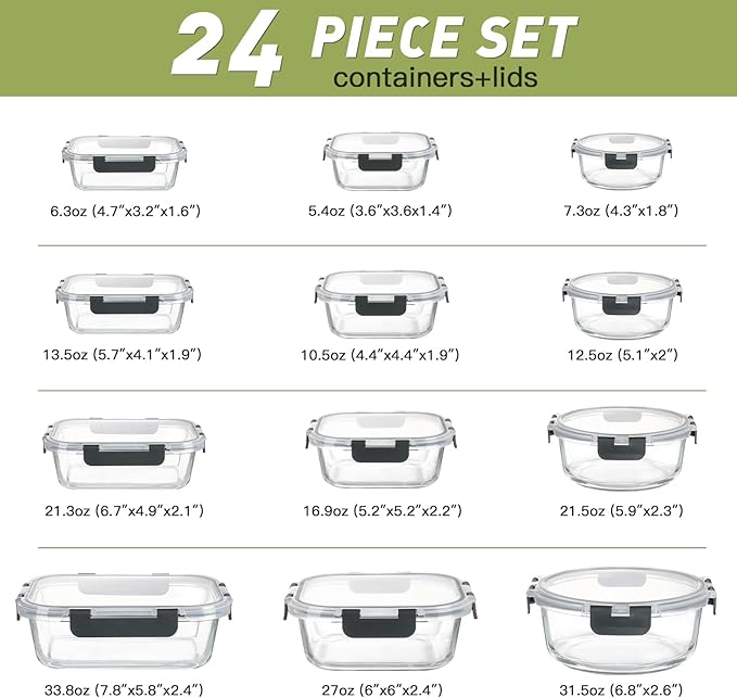 BAYZZ 24 Piece Glass Food Storage Containers with Lids, Airtight Glass Meal Prep Containers for Kitchen, BPA-Free Lunch Box, Microwave and Freezer Safe