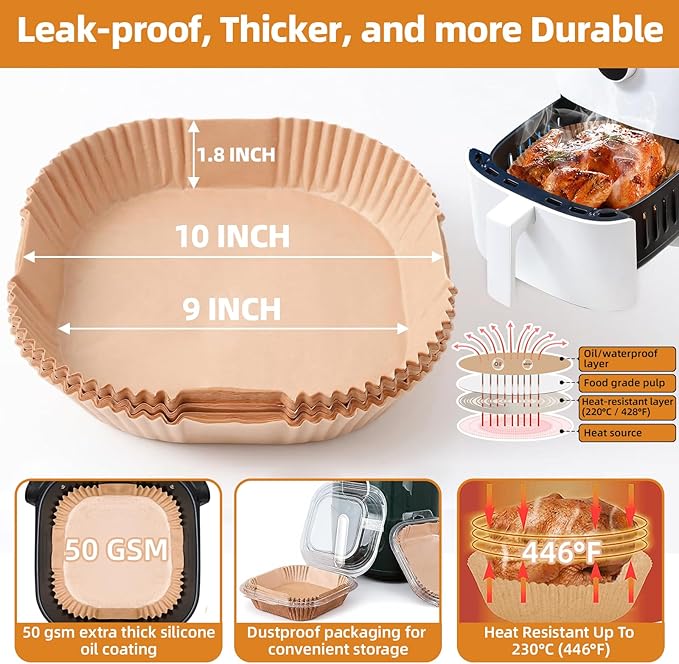 Air Fryer Paper Liners XXL for 8-12 Qt Airfryer, 200pcs 9-10 inch Square Thickened 50gsm Disposable Parchment Tray