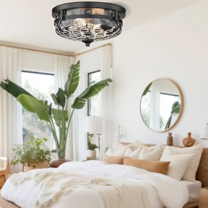 Casia Flush Mount Ceiling Lights, 2-Light Farmhouse Close to Ceiling Light, Hammered Glass Ceiling Light, Industrial Ceiling Lighting Fixture for Kitchen Hallway Living Room Stairwell (Black)