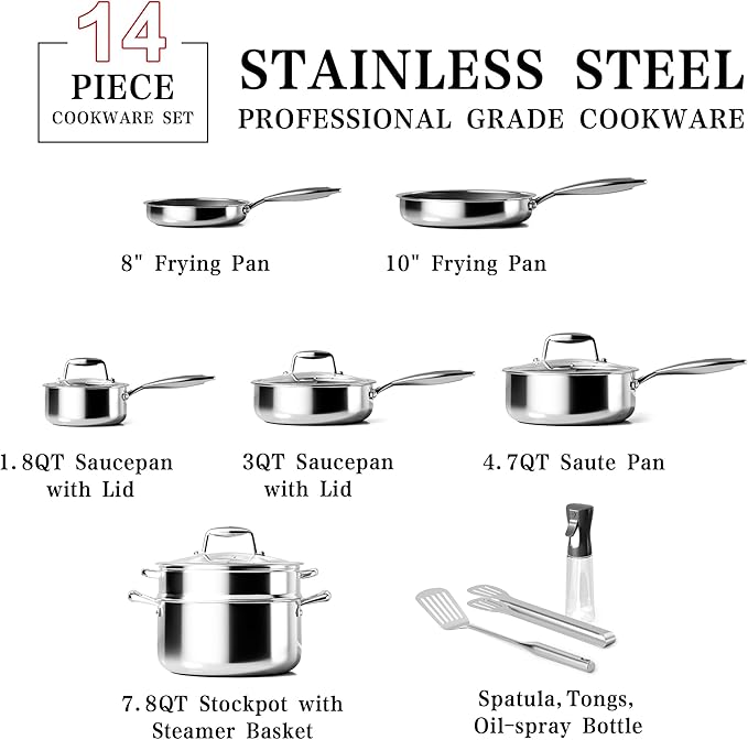 VONIKI Hybrid Tri-ply Stainless Steel Cookware Set, Pots And Pans Set Non Stick with Steamer Basket, Non Toxic Induction Cookware, Kitchen Cookware Sets PFOA & PTFE Free, Dishwasher and Oven Safe