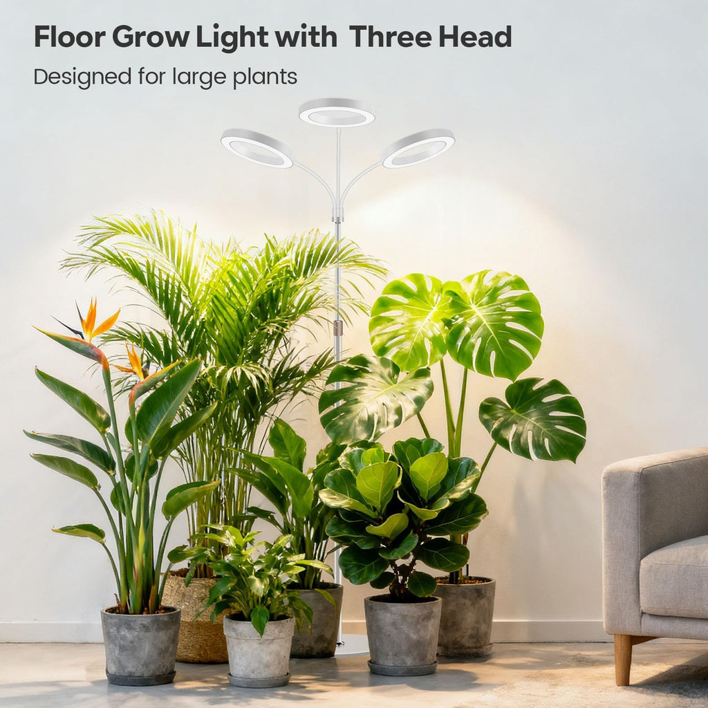 Garpsen Floor Plant Light, Full Spectrum 252 LEDs Grow Light for Indoor Plants with Base, 3 Color Modes & 5 Dimmable, Timer 6/12/16H Grow Lamp with 67''Height Adjustable, 3-Head-White