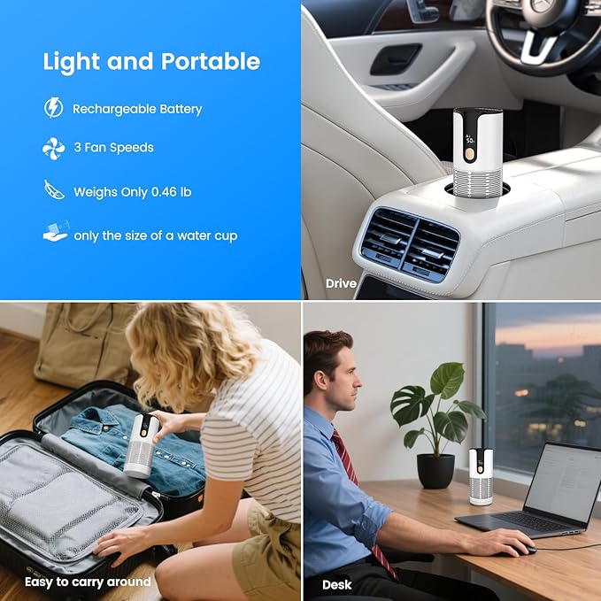 Mini Car Air Purifier-True HEPA Portable Small Air Purifier with LCD Display,15dB Quiet,USB-C Charging,Filters Smoke/Dust/Pet Dander in Car/Office/Desk/Travel（White）