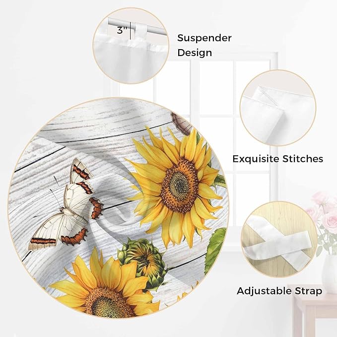 Yellow Sunflowers Bedroom Curtains 63 Inch Length, Window Curtains Tab Top, Vintage Country Flowers Butterfly Wood Board Light Filtering Window Treatments Drapes 42"x63" 2 Panel
