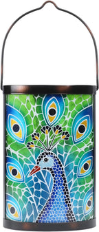 Hanging Solar Lantern Outdoor Waterproof Peacock Solar Lights Glass Tabletop Decorative Lamp for Outdoor Patio Garden Outside Yard Decor