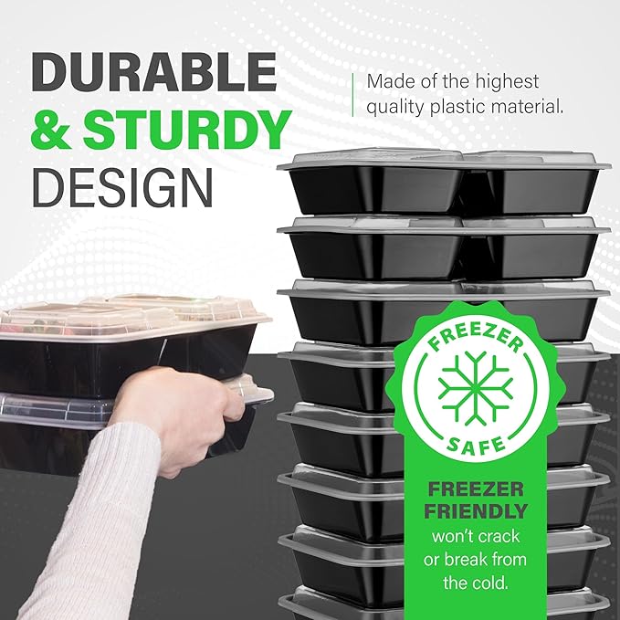 Ez Prepa [20 Pack] 32oz 3 Compartment Meal Prep Containers with Lids - Bento Box - Plastic - Stackable, Reusable, Microwaveable & Dishwasher Safe