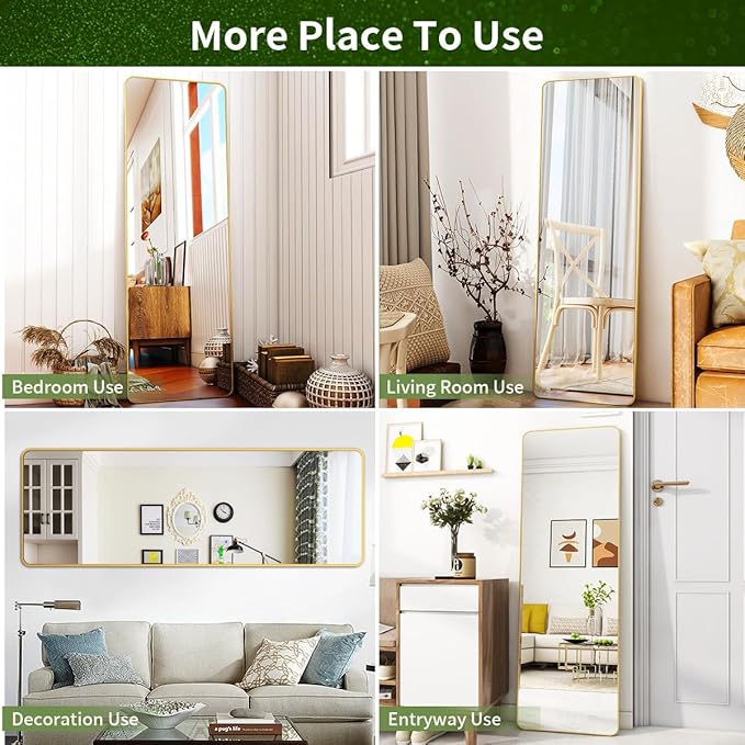 BEAUTYPEAK 59"x16" Mirror Full Length, Standing or Leaning Rounded Corner Full Body Floor Mirror with Metal Framed,Suitable for Living Room or Bathroom,Gold