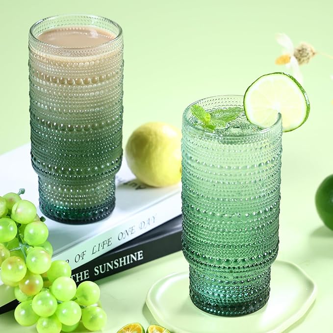 6pcs Hobnail Drinking Glasses Set, 16 oz Vintage Glassware Drinking Glasses, Gradual Dark Green Water Glasses Tumbler, Cups for Kitchen, Juice, Beer, Cocktail, Whiskey