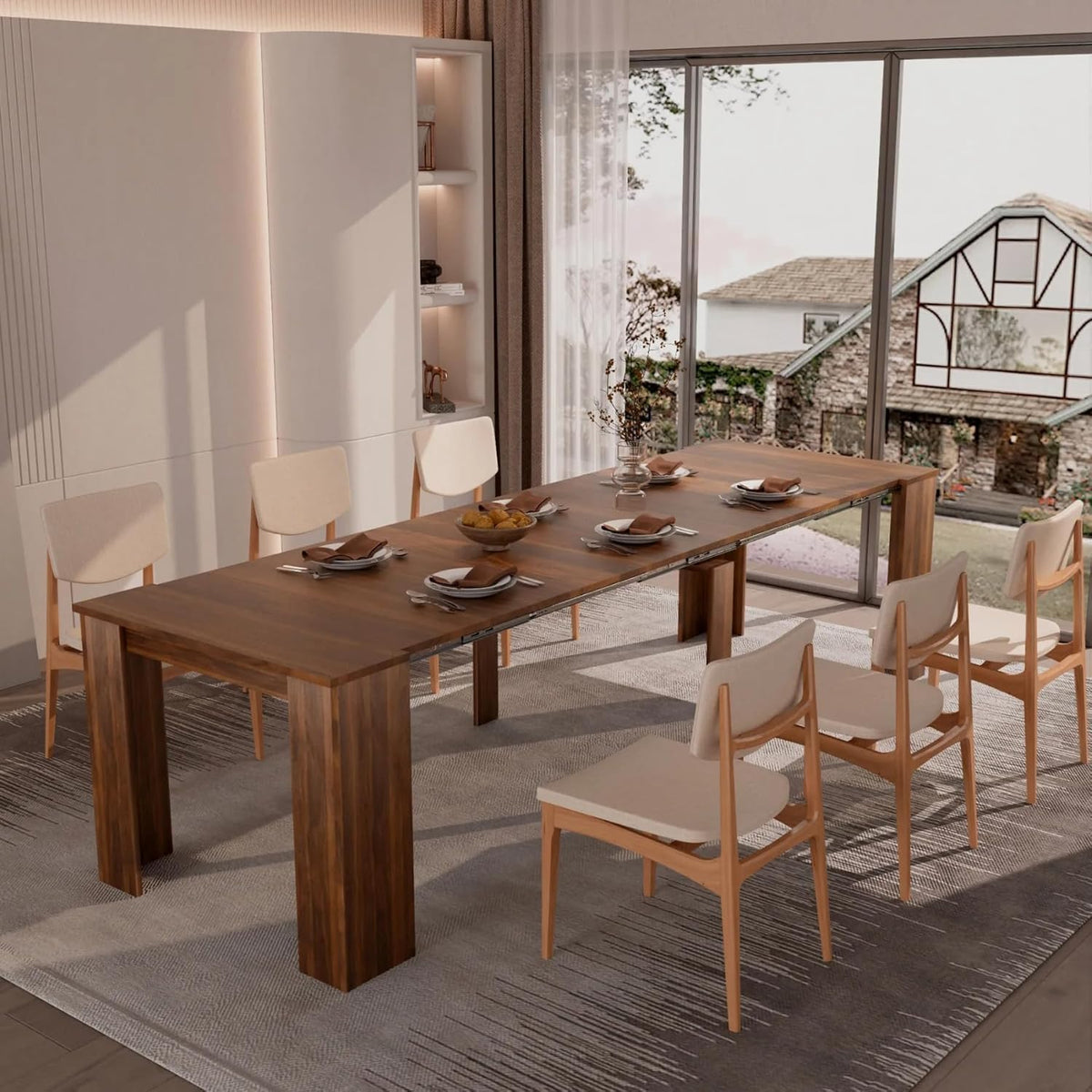 20"-118" Extendable Dining Table for 2-12 People, Modern Modular Extension Table, Space-Saving Extra Long Folding Dining Table, Multifunctional Conference Meeting Table, Walnut