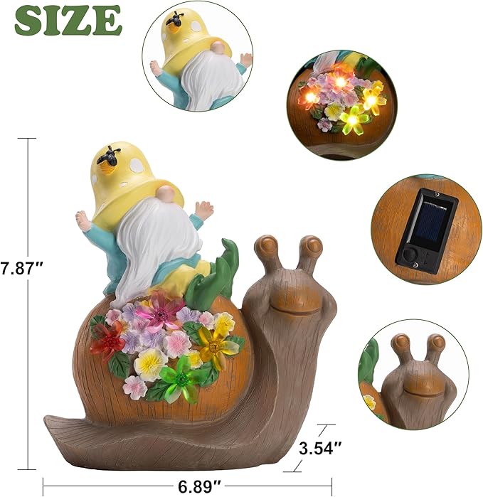 Solar Garden Outdoor Statue Snail Gnome with Succulent and LED Light - Patio,Lawn,Garden,Tortoise Statue for Patio,Unique Housewarming Gifts