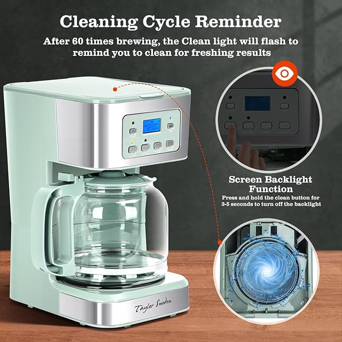 Taylor Swoden 12-Cup Programmable Coffee Maker, Regular & Strong Brew Drip Coffee Machine for Home and Office, Glass Carafe, Pause & Serve, Auto Shut Off, Green & Stainless Steel