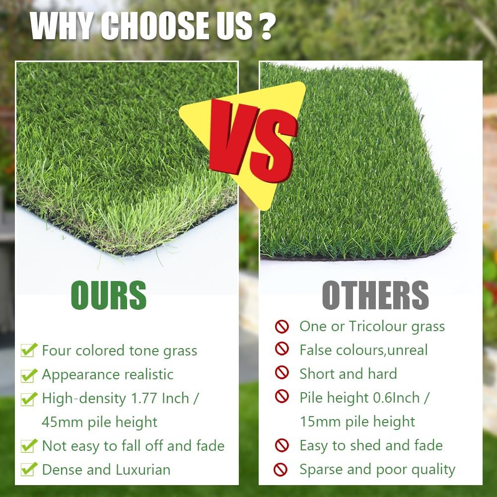 Petgrow Luxurious Artificial Grass Realistic Turf 10 X 55 Feet,1.57 Inch Pile Height Ultrathick Indoor/Outdoor Dog Fake Faux Grass,Synthetic Grass Rug Garden Landscape Patio,Drainage Holes