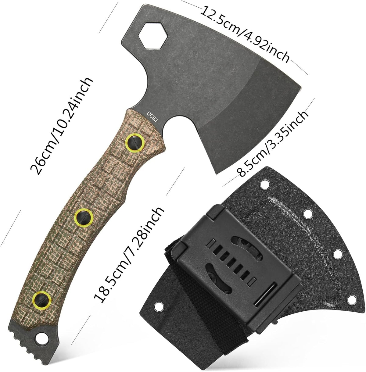 C1393 Camping Hatchet Survival Axe,DC53 Steel Blade with Micarta Handle Multitool Axe Hex Wrenches with Kydex Sheaths for Chopping Wood,Gardening,Outdoor Camping Hiking(Green)