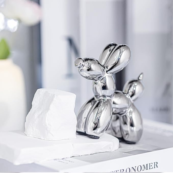 Creative Balloon Dog Statues Small Ceramic Animal Sculpture Modern Home Decor Living Room Desktop Decorations Bedroom Office Cabinet Ornament (Silver)