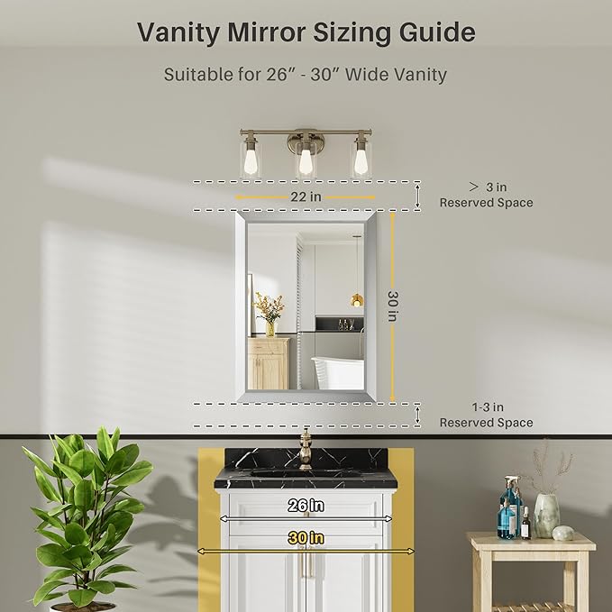 22x30 Inch Silver Bathroom Mirror for Wall, Thick Metal Framed Rectangle Mirrors for Over Sink, Bedroom, Living Room, Entryway, Anti-Rust, HD Tempered Glass
