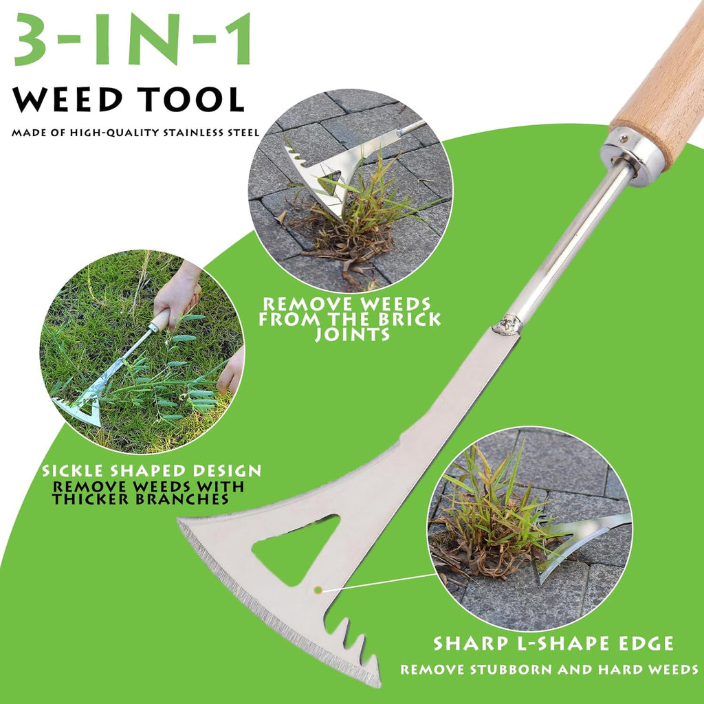Crack Weeder, 13.4" Stainless Steel Crevice Weeding Tool with Wood Handle, L-Shaped Side-Walk Weed Puller Spatula, for Garden Lawn Yard Patio Terrace Paving Moss, Small Gardening Tool