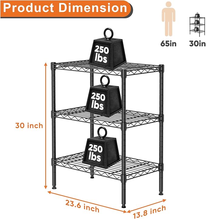 Sweetcrispy 3 Tier Metal Storage Shelving Shelf, Adjustable Metal Wire Racks Heavy Duty Standing Shelf Organizer for Kitchen and Closet, 13.8" D x 23.6" W x 30" H, Black