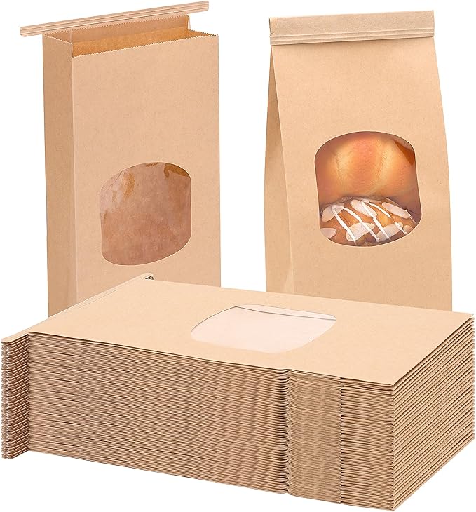Moretoes 55pcs Medium Bakery Cookie Bags with Window, 4.5x2.36x9.6in Tin Tie Tab Kraft Paper Treat Bags for Cookie Coffee Bread Bakery Packing
