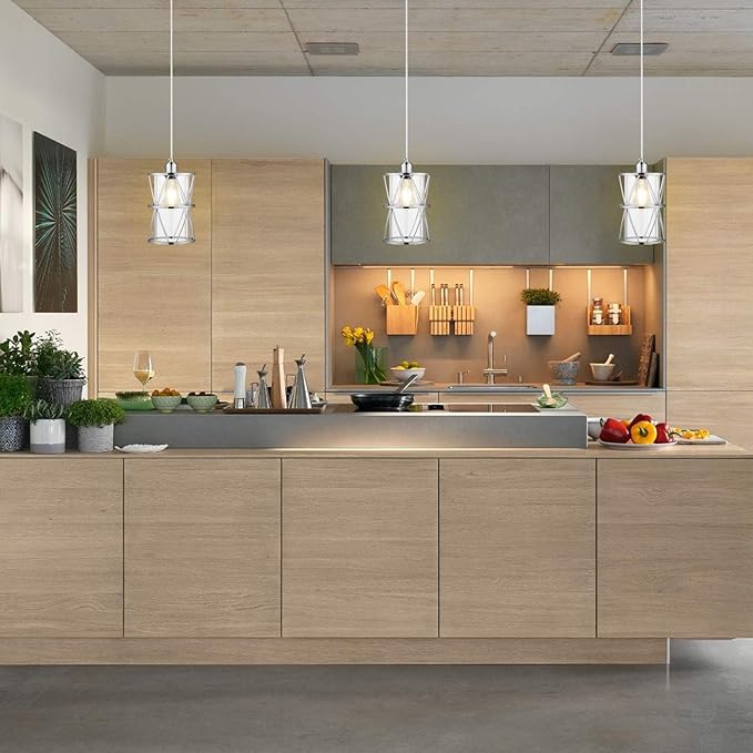 Modern Cylindrical Pendant Light with Clear Glass, Brushed Nickel Hanging Light, Transitional Metal Pendant Lighting Fixture for Kitchen Island Sink Dining Room Bar