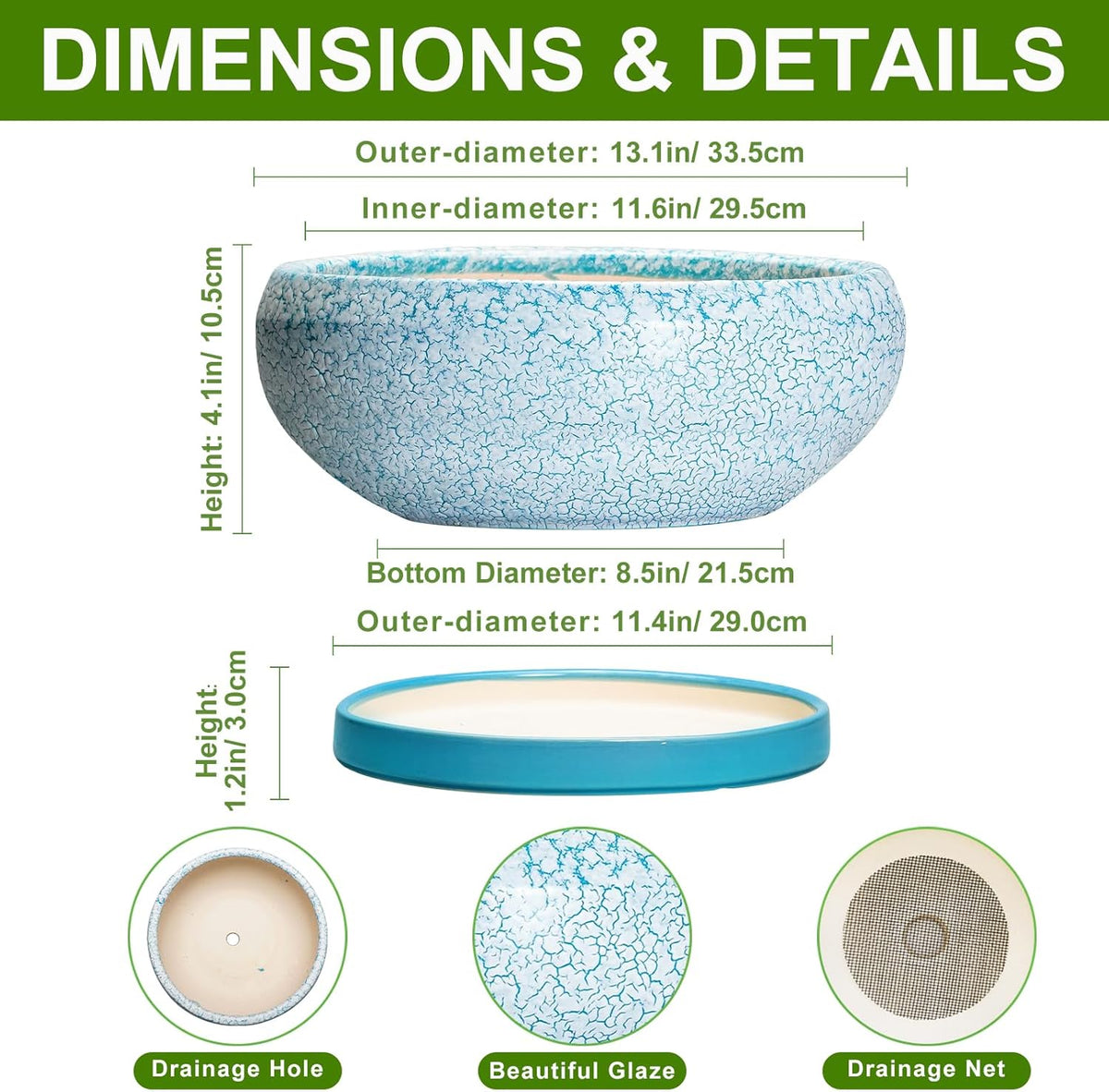 Bonsai Pots - 13 Inch Ceramic Succulent Pots with Drainage Hole and Tray, Large Succulent Planter Indoor Outdoor, Round Planter, Shallow Plant Pot, House Decor, Gifts for Plant Lover, Blue