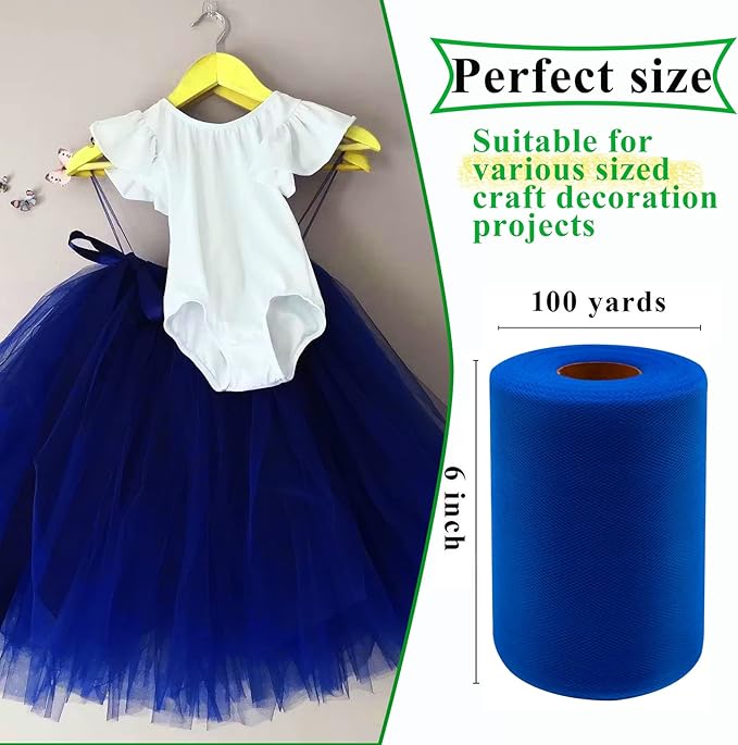 Royal Blue Tulle Fabric Rolls 6 Inch by 100 Yards (300 feet) Fabric Spool Tulle Ribbon for DIY Royal Blue Tutu Bow Baby Shower Birthday Party Wedding Decorations Christmas Craft Supplies