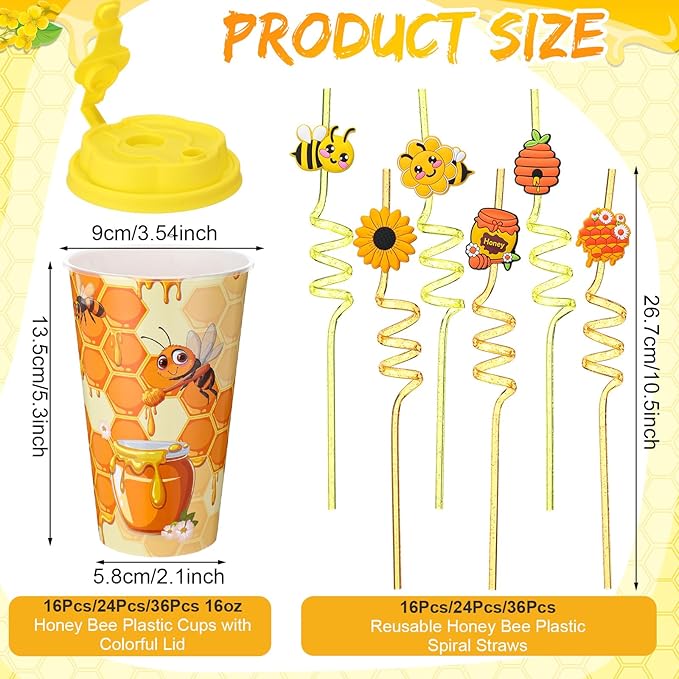 Yungyan 16 Sets Honey Bee Party Favors Goodie Cups with Lids and Straws for Birthday Decorations Reusable 16oz Plastic Candy Cups Plastic Straws for Birthday Party(Bee)