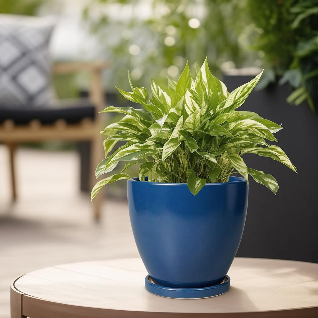 6.8 Inch Plant Pot - Ceramic Planter with Drainage Hole and Saucer, Modern Round Flower Pot, Planters for Indoor Plants, Home Garden Decor, Blue
