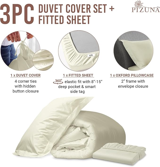 Pizuna 100% Cotton Twin 2 Pc Duvet Cover + 1 Pc Fitted Sheet Set 400 Thread Count Off White Sateen Weave Luxurious Long Staple Cotton 4 Piece Bedding Set -1 Duvet Cover, 1 Pillow Sham, 1 Fitted Sheet