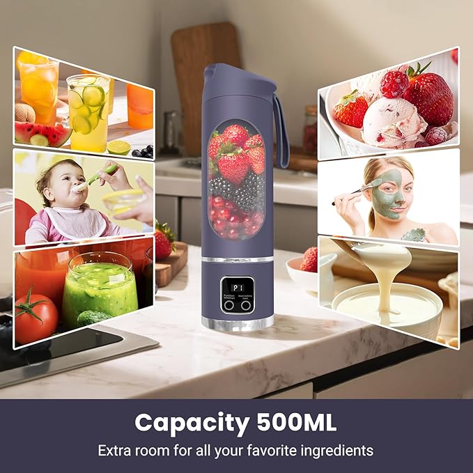 Portable Personal Electric Blender，500ML Portable Shakes and Smoothies Blender，Small Blenders、Mixing、Compact、Convenient and Versatile(Purple)