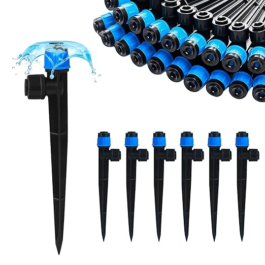 Push-to-Fit Drip Irrigation Vortex Emitters for 1/4" Drip Irrigation Tubing, 30 Pcs Adjustable 360 Degree Water Flow Fan Shape Drippers with Stake for 4/7mm Tube for Garden Watering System