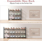Bumusty 3-Tier Expandable Shoe Rack for Closet, 18“-33” Adjustable Shoe Rack for Small Space, Small Shoe Organizer for Front Door, Sturdy Metal, Gray