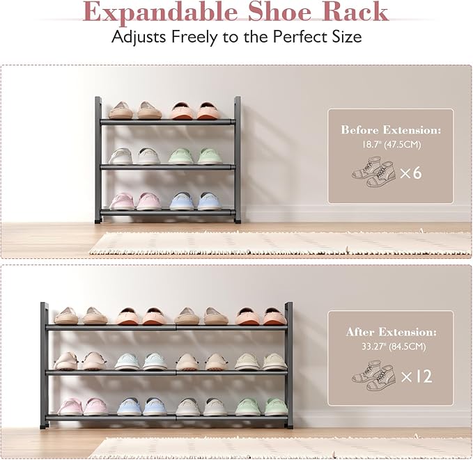 Bumusty 3-Tier Expandable Shoe Rack for Closet, 18“-33” Adjustable Shoe Rack for Small Space, Small Shoe Organizer for Front Door, Sturdy Metal, Gray