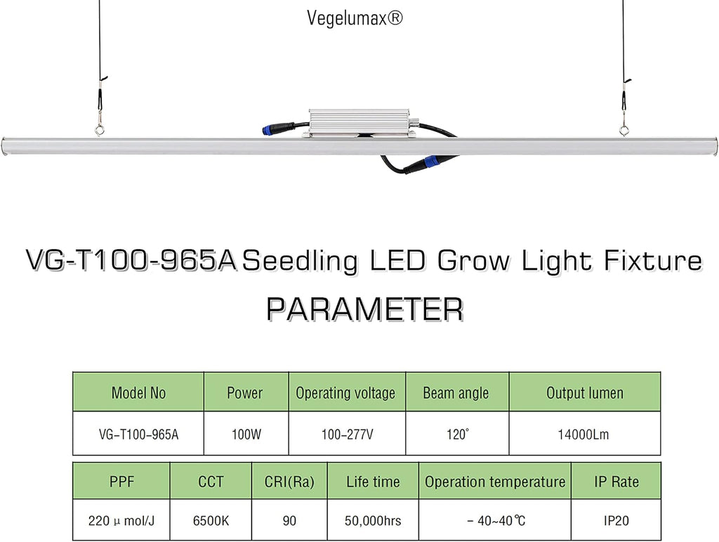 LED Grow Light Lamp for Indoor Plant Seedling Germination Vege Flower Growth,Full Spectrum CRI 90+ High Output White Light CCT 6500K,Isolated Dimming Driver with On/Off Switch,100 Watt,4Feet