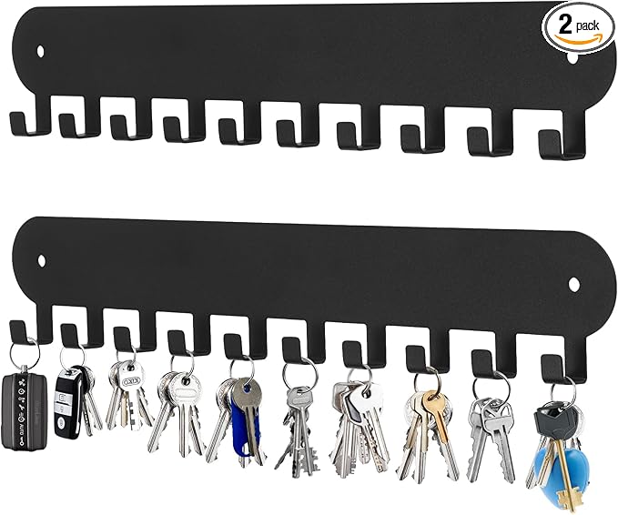 2 Pack Key Holder for Wall,Key Hooks with 10 Hooks,Key Holder Wall Mount Self Adhesive, Key Rack for Wall No Drill for Living Room, Kitchen, Bathroom, Garage (Black)