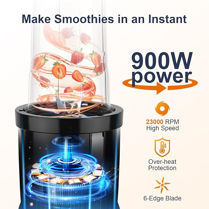 KOIOS Smoothie Blender, 900W Personal Blender for Shakes and Smoothies Kitchen with 2 No-BPA 22oz Portable Cups, Single Serve Smoothies Maker Mixer for Juices, Nutritious Recipe, Sliver