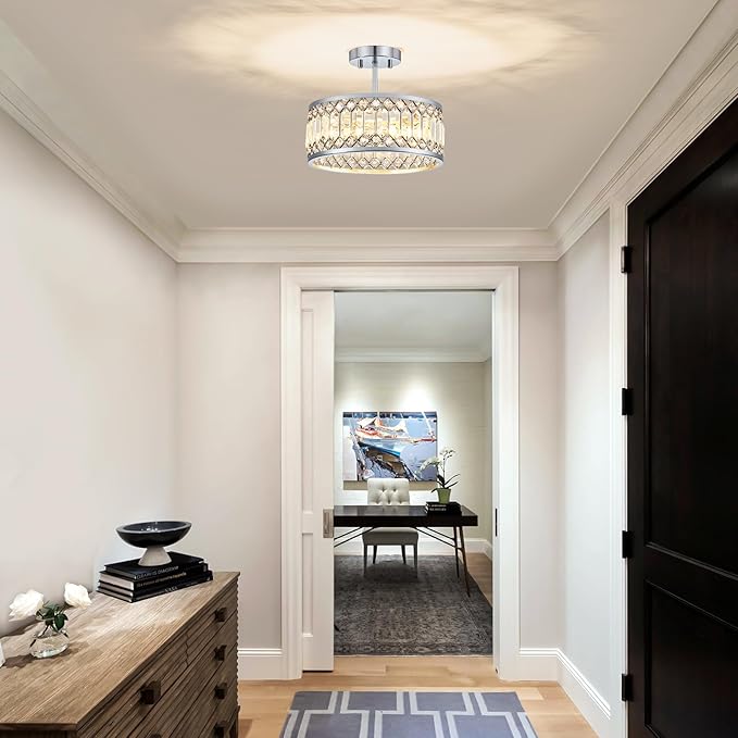 Crystal Chrome Ceiling Light, Modern Semi Flush Mount Ceiling Lighting Fixture, Round Hallway Lighting Fixtures Chandelier for Kitchen Entryway Bedroom Dining Room, 3-Light, 12.2 Inch