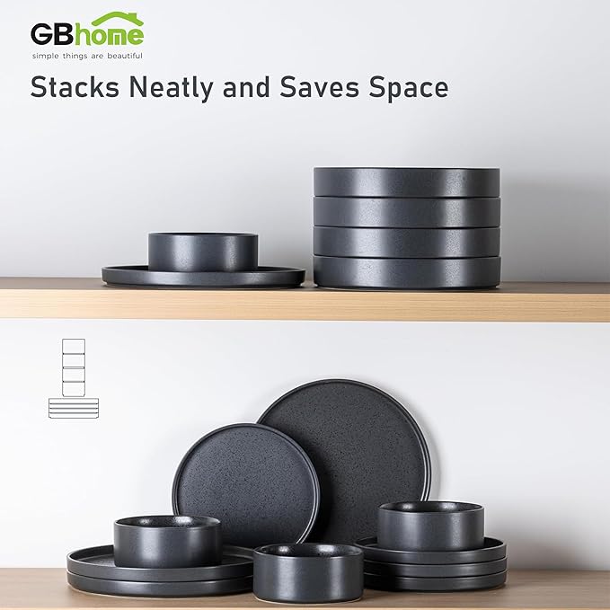 GBhome Ceramic Dinnerware Sets for 6, Matte Stoneware Plates and Bowls Sets,Chip and Scratch Resistant Dishes, Dishwasher & Microwave Safe, Oven safe,Reactive Glaze-Speckled Black