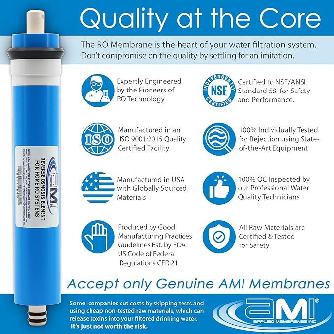 APPLIED MEMBRANES INC. 50 GPD Reverse Osmosis Membrane | RO Membrane Water Filter Replacement for Reverse Osmosis Water Filtration System | 1.8” x 12” Universal Compatibility | Made in USA