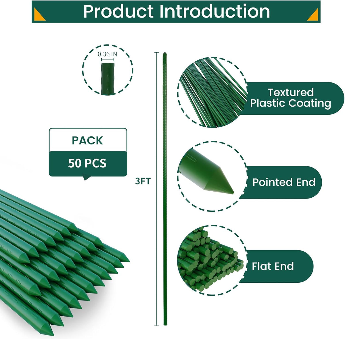 36 Inch 3 Ft Plant Support Garden Stakes 50 PCS, Sturdy Steel Plastic Coated Sticks for Outdoor Growing Climbing, Tomato, Trees, Cucumber, Beans